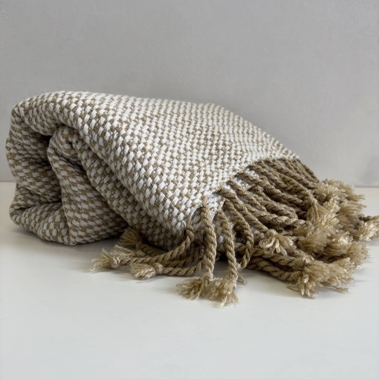 Plaid lana grossa bianco-oro con frange
